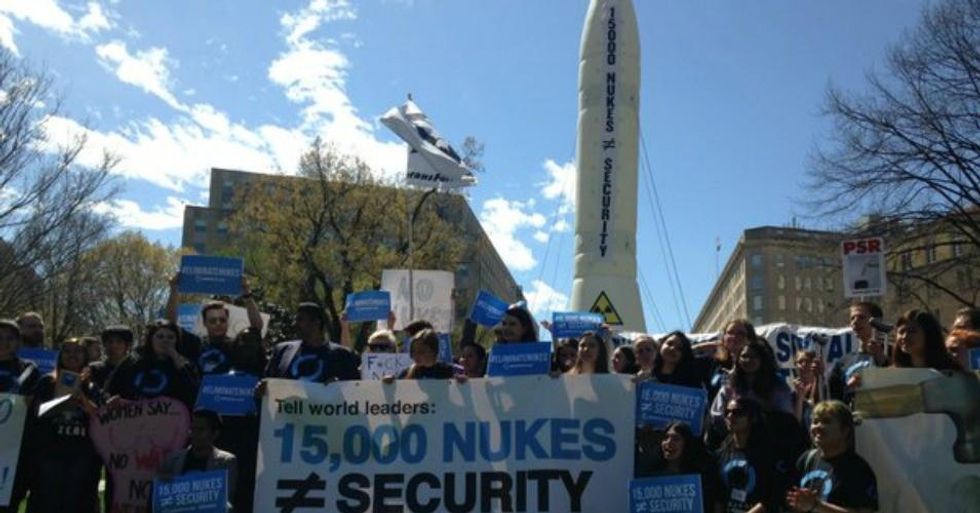 Activists stand in front of a 4-story inflatable missile during a rally in Washington, D.C. on Friday. (Photo: Global Zero)