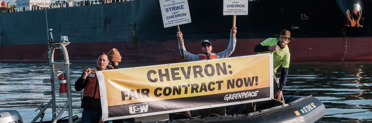Activists with Greenpeace USA joined United Steelworkers (USW) Local 5 union members on April 29, 2022 to expand the picket line onto the waters of San Francisco Bay. Nearly 500 workers from Chevron's Richmond refinery have been on strike for weeks as they fight for a new labor contract.