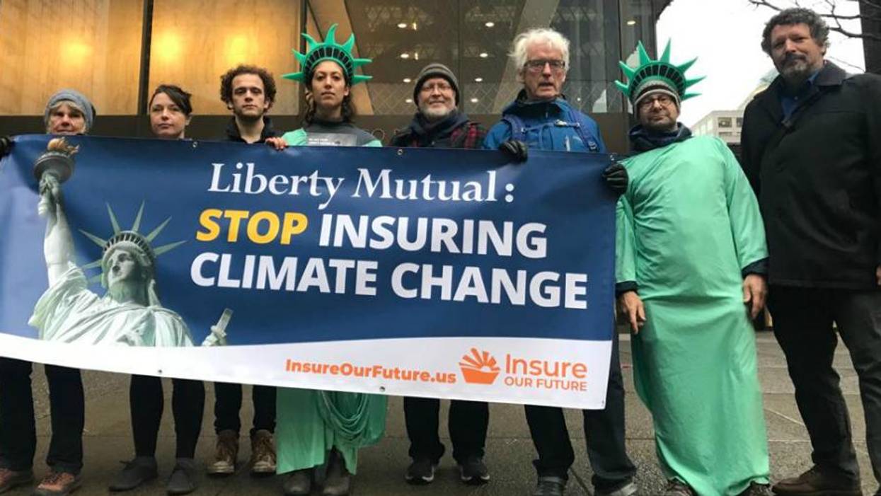 Activists with Insure Our Future gathered outside Liberty Mutual's Boston and Seattle offices in December 2019