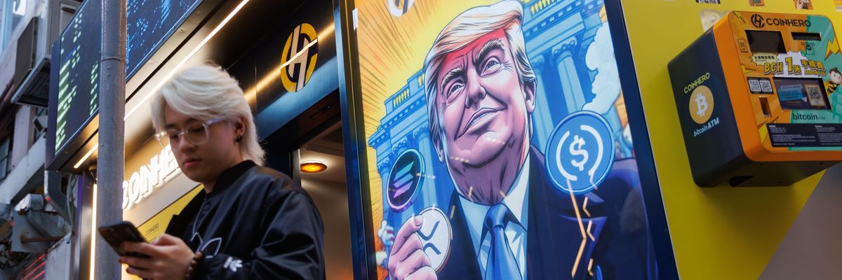 ad shows Trump holding various cryptocurrencies