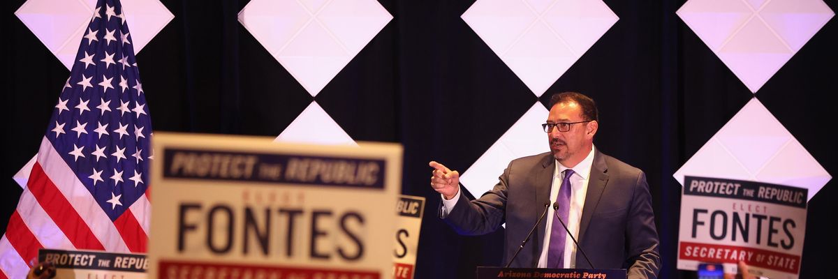 Adrian Fontes, Democratic candidate for Arizona Secretary of State, speaks at an election night watch party on November 8, 2022 in Phoenix.