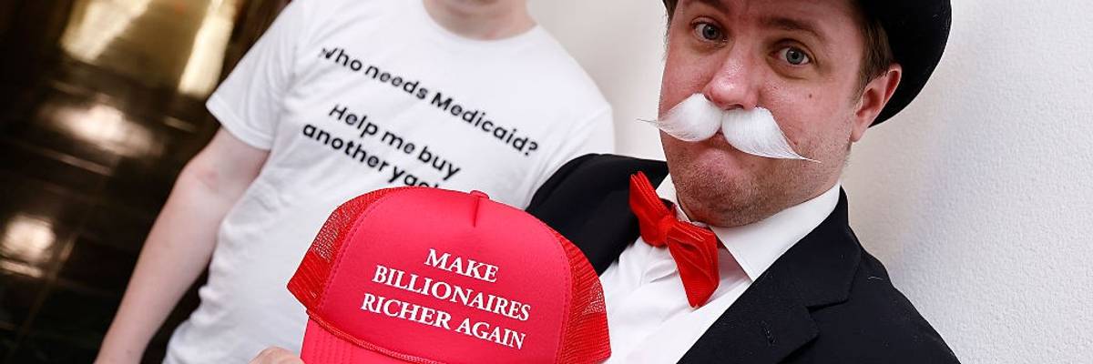 Advocates Pose As Wealthy Monopoly Men And DOGE Supporters