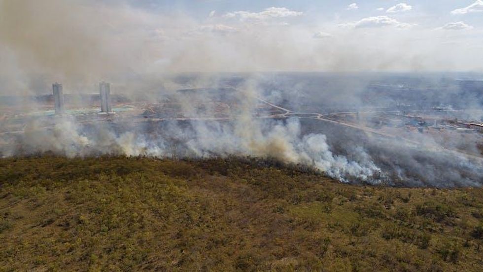 Aerial photo of a forest fire with tall buildings visible in background through smoke.