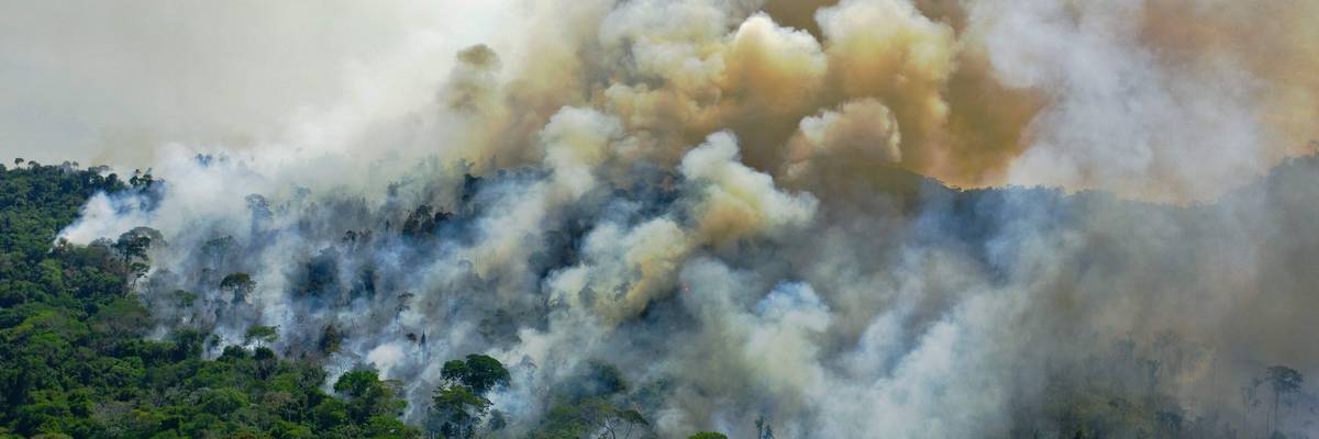 Aerial view of a burning area of Amazon rainforest