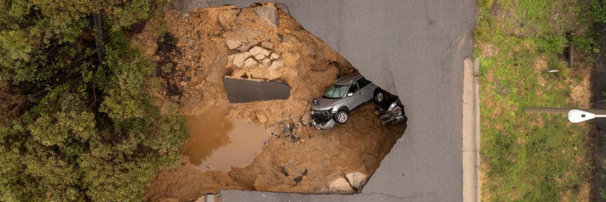 Aerial view of car that fell into sinkhole