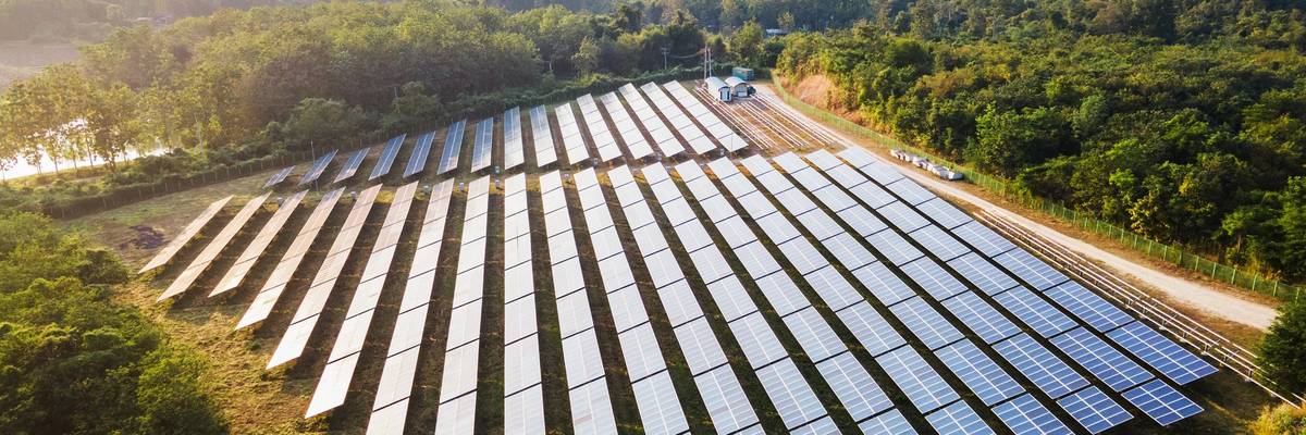 Aerial view of solar power station and solar energy panels