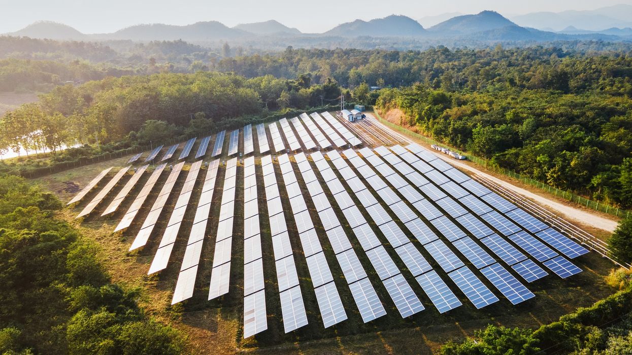 Aerial view of solar power station and solar energy panels