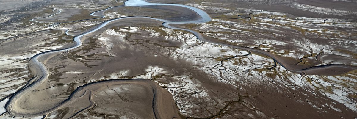 Aerial view of the Colorado River delta meeting the Cortes Sea