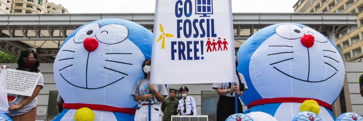 Ahead of the Group of Seven summit in Hiroshima, Japan beginning May 19, 2023, activists gathered at the Japanese Embassy in the Philippines with inflatables of the anime character Doraemon to protest fossil fuels.