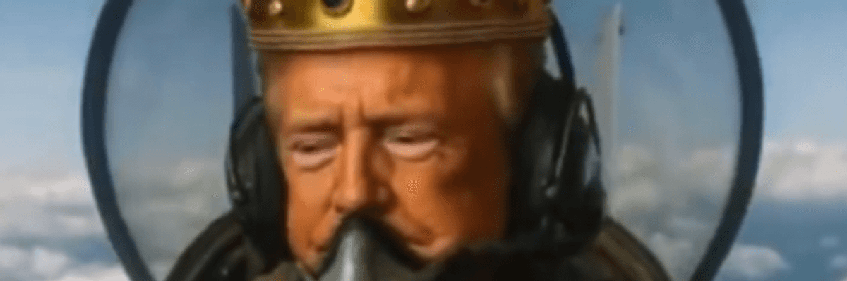 AI image of Trump as King in fighter jet.