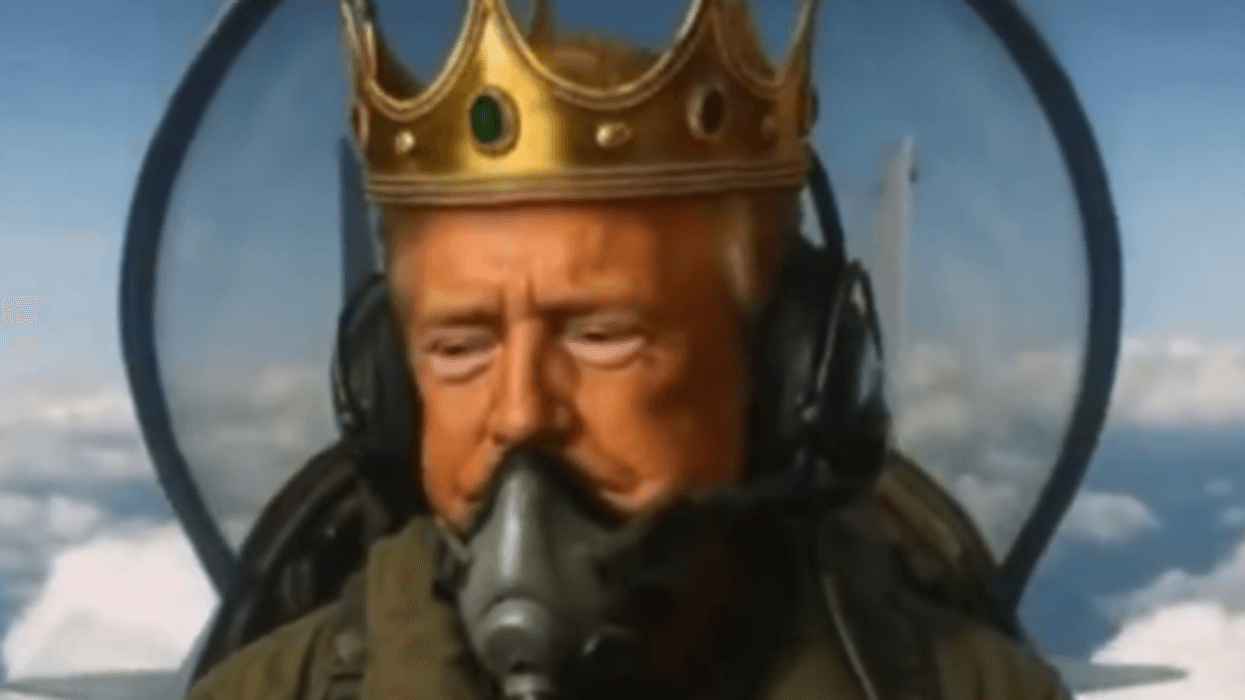 AI image of Trump as King in fighter jet.