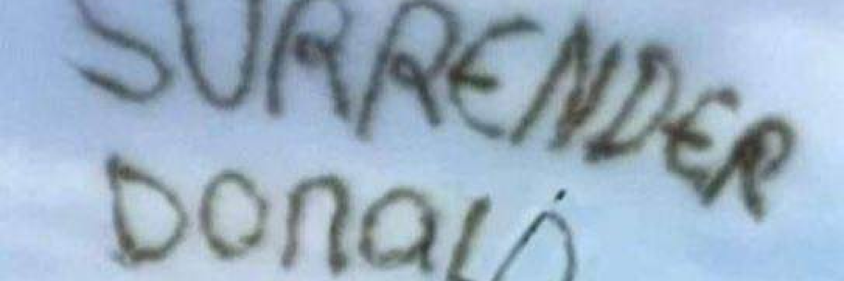 Airplane message in sky reads, "Surrender Donald"