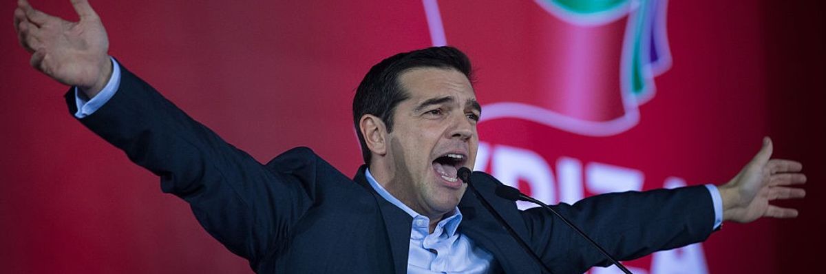 Alexis Tsipras, leader of the radical leftist Syriza party campaigns at a pre-election rally ahead of the nation's general election on January 22, 2015 in Athens, Greece.