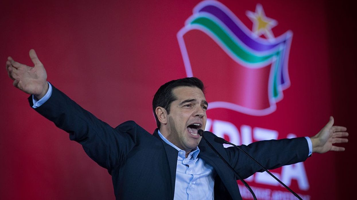 Alexis Tsipras, leader of the radical leftist Syriza party campaigns at a pre-election rally ahead of the nation's general election on January 22, 2015 in Athens, Greece.