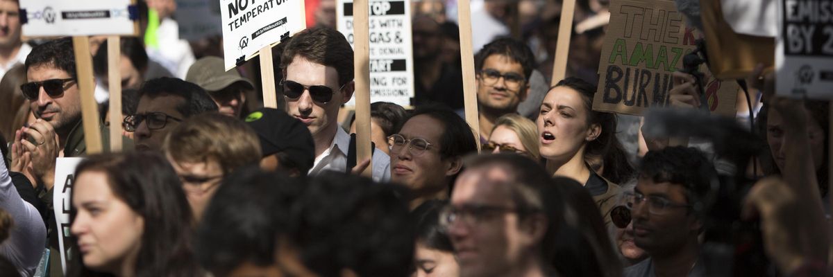Amazon Employees for Climate Justice lead a walk-out and rally at the company's headquarters to demand that leaders take action on climate change in Seattle, Washington on September 20, 2019.