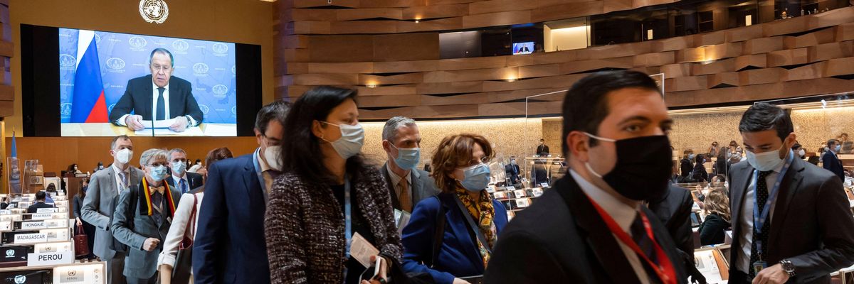Ambassadors and diplomats protest Moscow's war on Ukraine by walking out while Russian Foreign Minister Sergey Lavrov gives a pre-recorded video message at the 49th session of the United Nations Human Rights Council in Geneva, Switzerland on March 1, 2022.