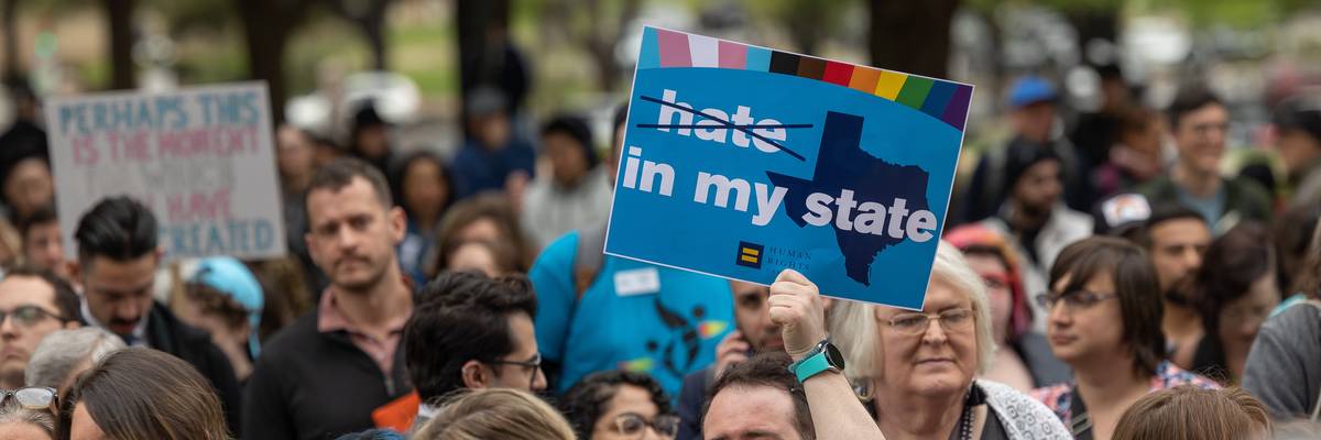 Amber Briggle and her trans son Max, 15, attend a rally and activism day at the Texas Capitol in support of trans rights.