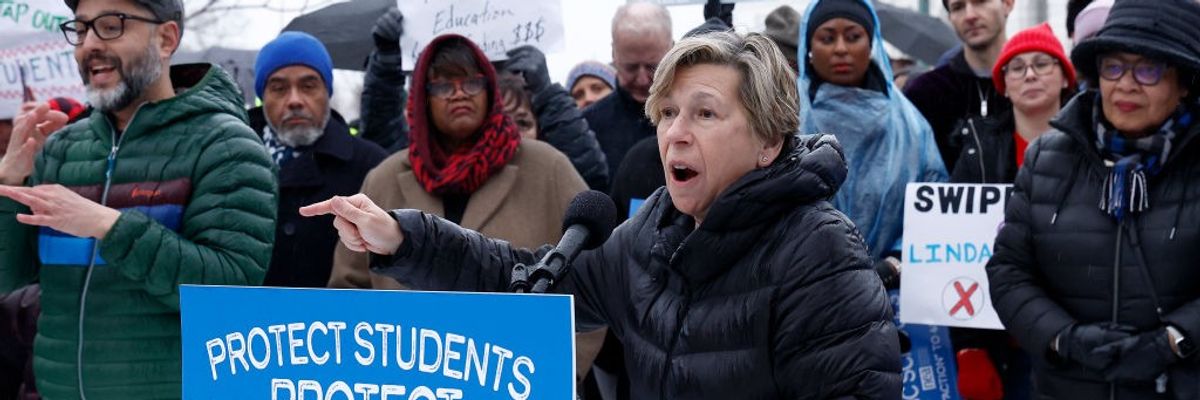 American Federation of Teachers president Randi Weingarten speaks at a rally