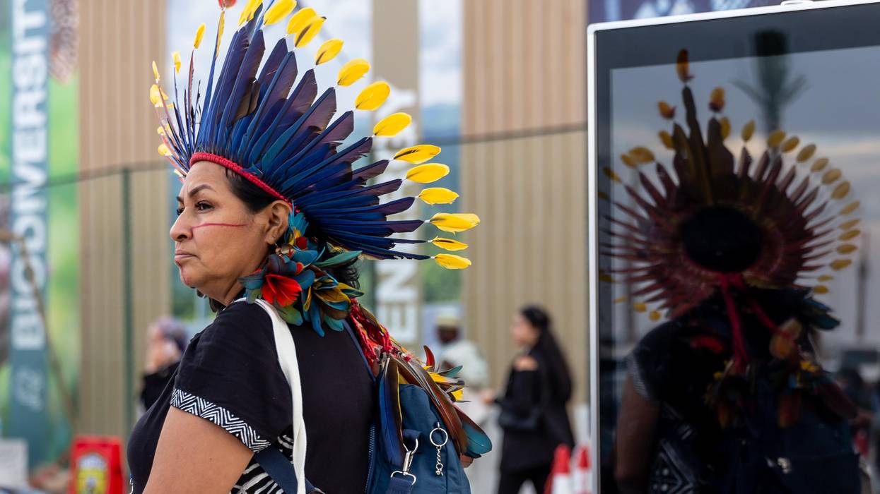 American Indigenous woman standing in the Delegations Pavilions area during of the COP27 UN Climate Change Conference, held by UNFCCC in Sharm El-Sheikh International Convention Center, Egypt on November 14, 2022.