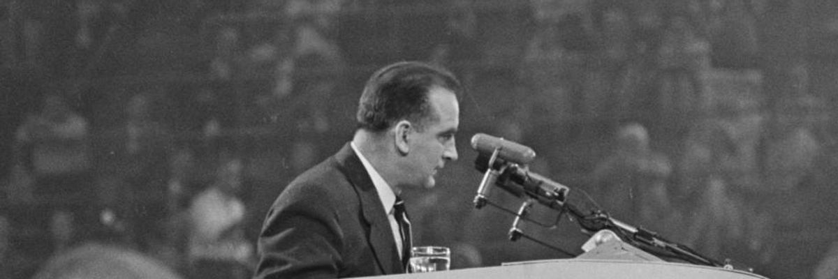 American politician Joseph McCarthy (1908 - 1957), the US Senator from Wisconsin, addresses the 1952 Republican National Convention at the International Amphitheatre in Chicago, Illinois, July 1952.