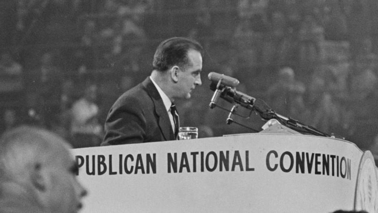 American politician Joseph McCarthy (1908 - 1957), the US Senator from Wisconsin, addresses the 1952 Republican National Convention at the International Amphitheatre in Chicago, Illinois, July 1952.