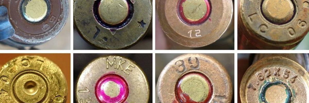 Ammo casings found in Iraq and Syria. Top, left to right: China, made in 2009; Syria, made in 1960; Russia, made in 2012; US, made in 2007. Bottom, left to right: U.S., made in 2006; Turkey, made in 2013; Sudan, made in 2012; Iran, made in 2006.