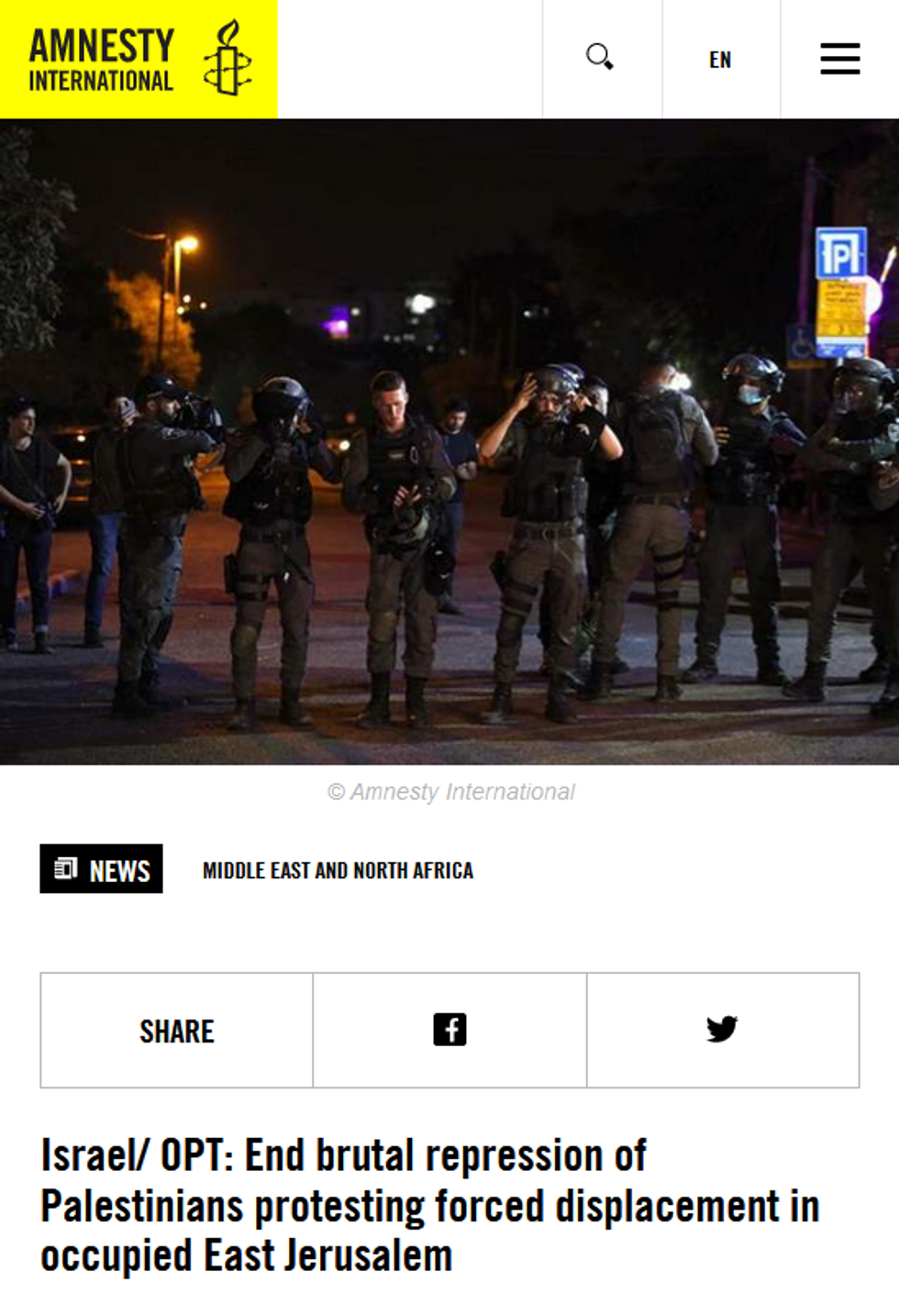 Amnesty International: End brutal repression of Palestinians protesting forced displacement in occupied East Jerusalem