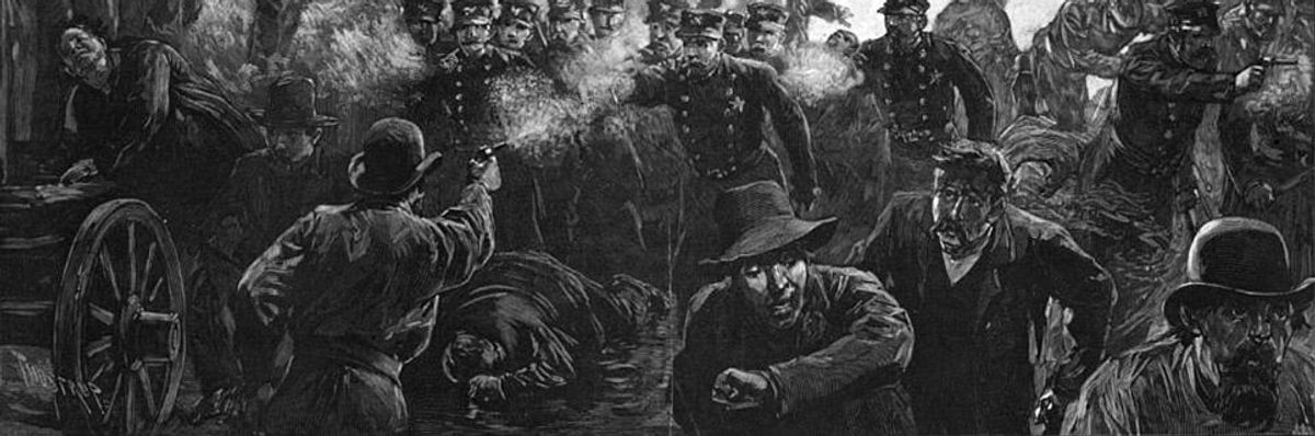 An 1886 engraving of the Haymarket massacre.