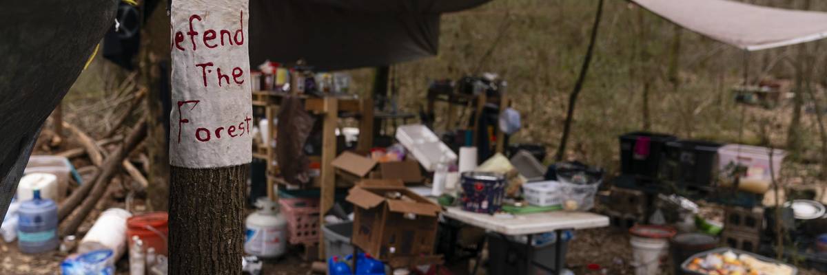 An abandoned protest campsite is seen inside Weelaunee People's Park days after protester Manuel Teran was kiled during a police raid