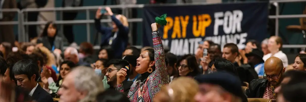 An activist raises an arm in solidarity at COP29