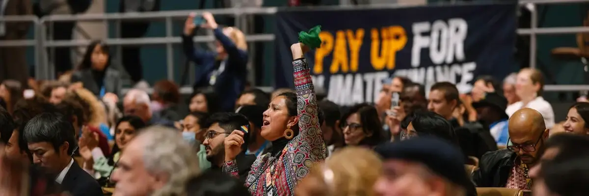 An activist raises an arm in solidarity at COP29