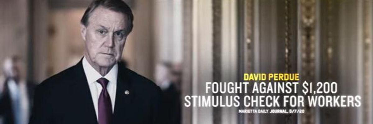 'There for His Donors, But Not for Us': Ossoff Ad Blasts Perdue Over Opposition to $1,200 Stimulus Checks