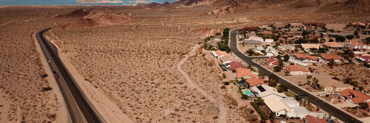 An aerial image taken on July 20, 2021 shows homes in Boulder City, Nevada adjacent to Lake Mead on the Colorado River.