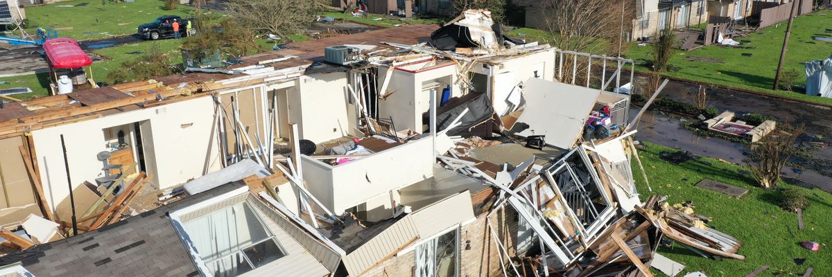 An aerial view from a drone shows an apartment complex damaged by Hurricane Laura on August 29, 2020 in Lake Charles, Louisiana