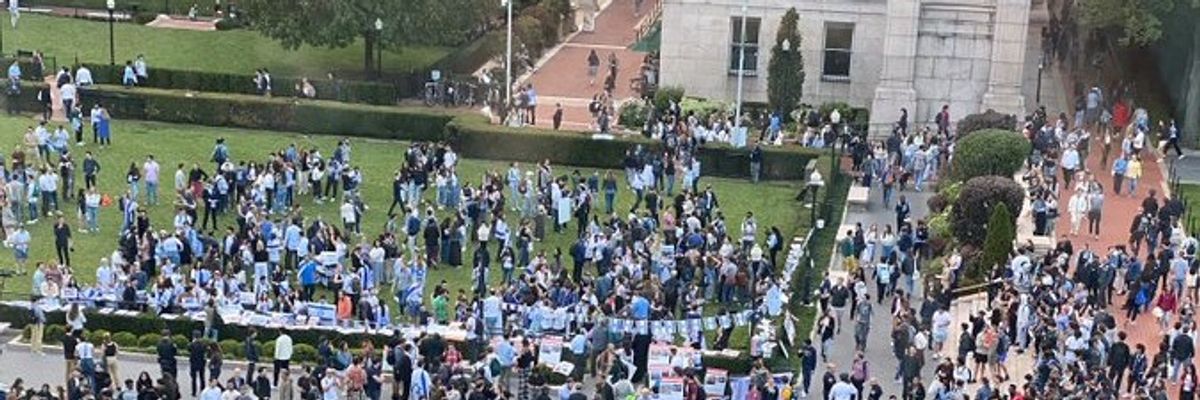 An aerial view of a campus Palestine solidarity rally.