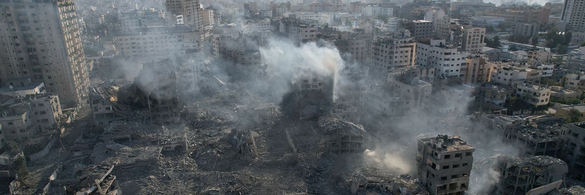 An aerial view of a Gaza City neighborhood pulverized by Israeli airstrikes.