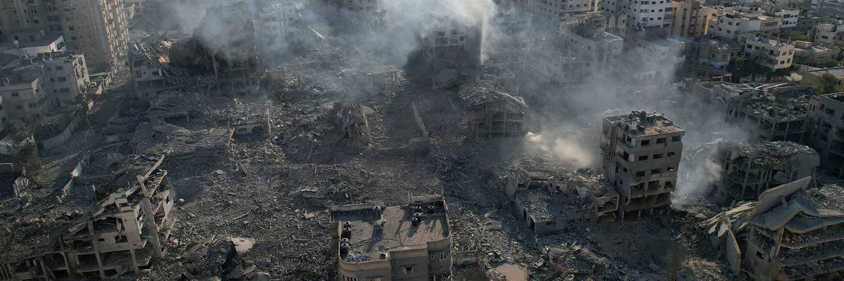 An aerial view of a Gaza City neighborhood pulverized by Israeli airstrikes.