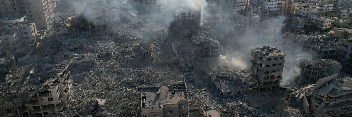 An aerial view of a Gaza City neighborhood pulverized by Israeli airstrikes. 