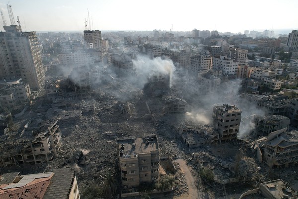 An aerial view of a Gaza City neighborhood pulverized by Israeli airstrikes.