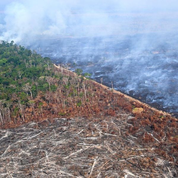 An aerial view of severe Amazon deforestation and burning