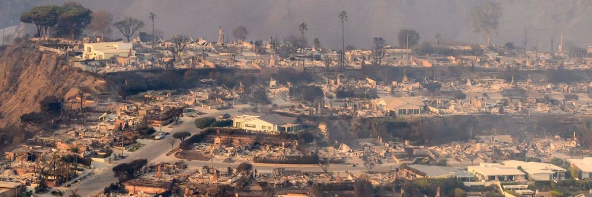 An aerial view of the devastation caused by the Palisades Fire.