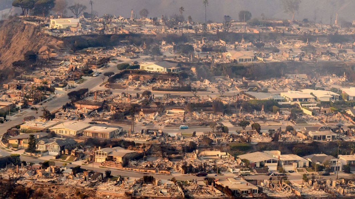 An aerial view of the devastation caused by the Palisades Fire.