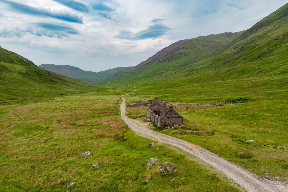 An aerial view of the West Highland Way in Scotland.