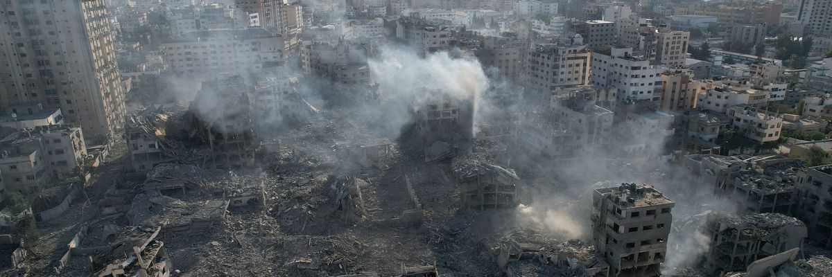 An aerial view showing destruction of Gaza City by Israeli airstrikes.