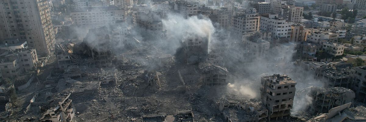 An aerial view showing destruction of Gaza City by Israeli airstrikes.