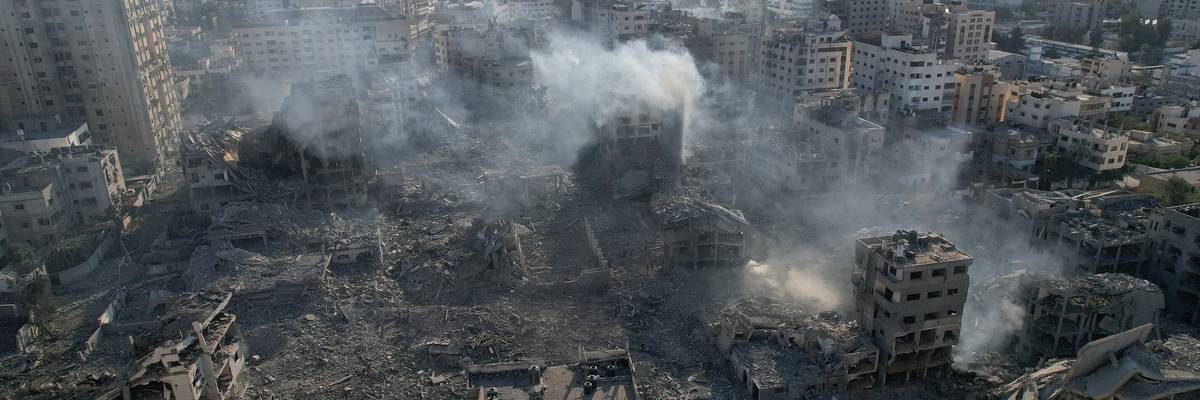 An aerial view showing destruction of Gaza City by Israeli airstrikes.