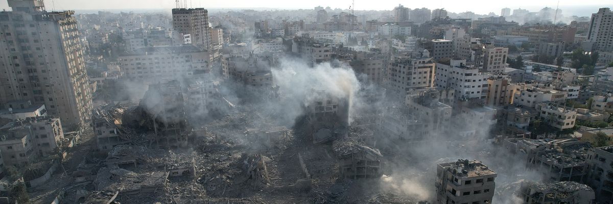 An aerial view showing destruction of Gaza City by Israeli airstrikes.