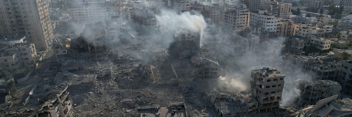An aerial view showing destruction of Gaza City by Israeli airstrikes.