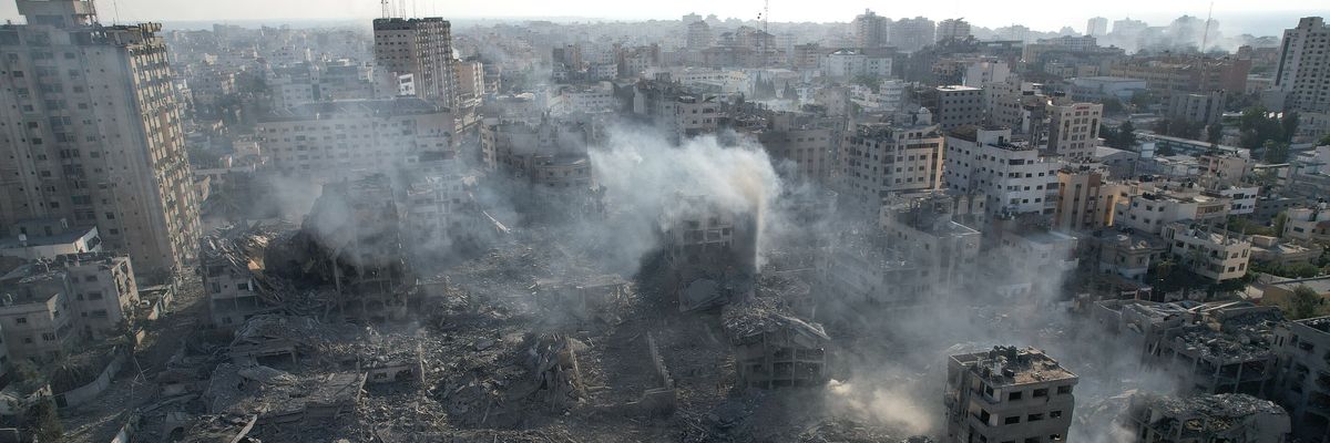 An aerial view showing destruction of Gaza City by Israeli airstrikes. 