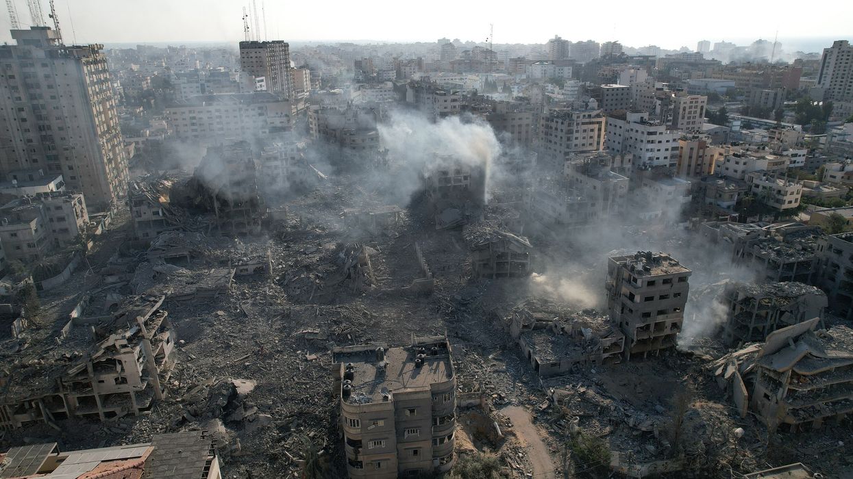 An aerial view showing destruction of Gaza City by Israeli airstrikes.